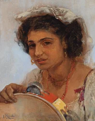 Jeune fille italienne avec foulard et tambourin
